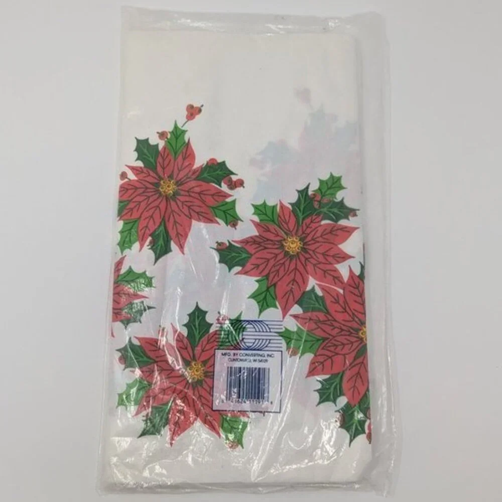 NEW Linette Waterproof Plastic Absorbent Tissue Surface Poinsettia Tablecloth